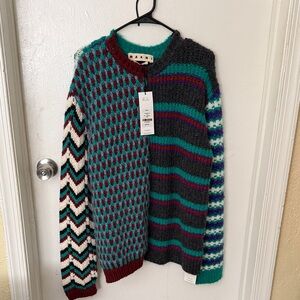 Marni Teal and Burgundy Patterned Crewneck Sweater